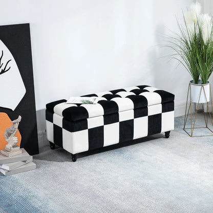 Black & White Tile Patterned Button Tufted Storage / Bed End Ottoman