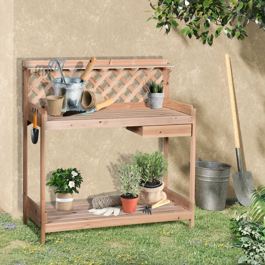 Wooden Potting Bench Table with Drawer, Shelf and Gridded Back