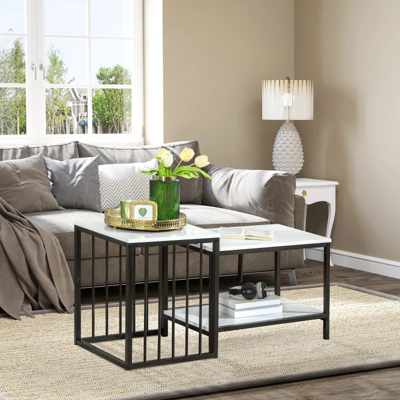 Marble Effect Nesting Coffee Table Set with Bar Enclosed Underneath and Open Style Shelf Bottom