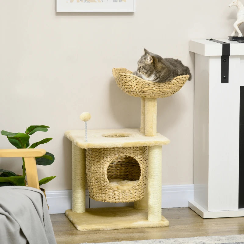 Small Cat Tree with Scratching Post, Cat House, Top Bed and Toy Ball