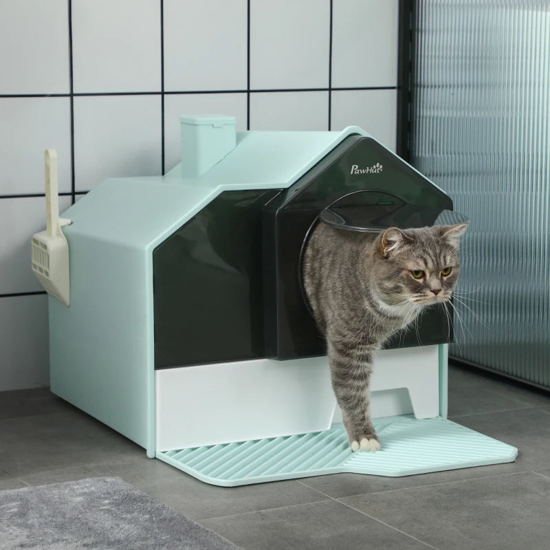 Home Style Cat Litter House Tray with Chimney Filter, Pull Out Tray and Front Door - Sky Blue