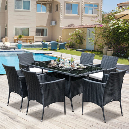 7 Piece - Rattan Dining Set with 6 Cushioned Armchairs and Rectangular Glass Top Table