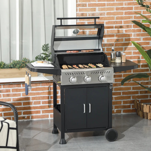 3 Burner Gas Grill with See Through Lid, Side Shelving and Underneath Storage