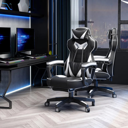 Computer Gaming Chair with Lumbar Support and Footrest - Black / White