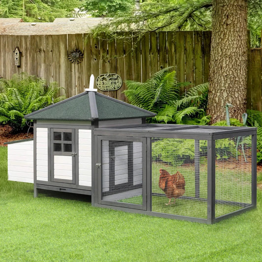 Large Chicken Coop with Outdoor Yard Run and Nesting Boxes - Grey / White / Green