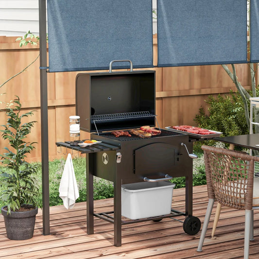 Charcoal Barbecue Grill with Side Shelves, Top Grill Shelf and Adjustable Charcoal Pan