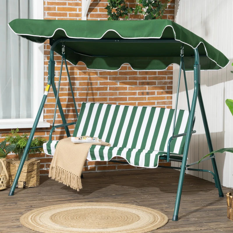 3-Seater Swing Chair with Adjustable Overhead Sun Protection Canopy - Green / White Stripe