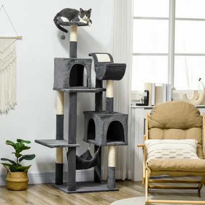 177cm Cat Tree with Scratching Post, Hammock 2 Houses and Top Bed