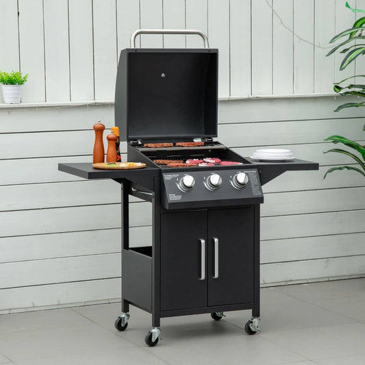 3 Burner Gas BBQ Grill with Warming Rack, Underneath Storage and Side Shelves