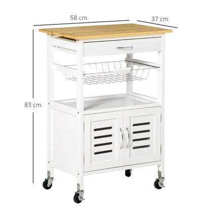 Rolling Kitchen Island Trolley Utility Cart on Wheels with Drawer, Wire Basket and Cupboard