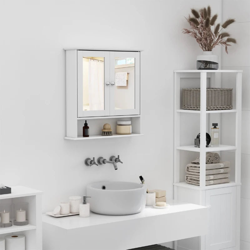 Wall Mounted Bathroom Cabinet Mirror Organiser with Cupboard Storage and Open Style Shelf