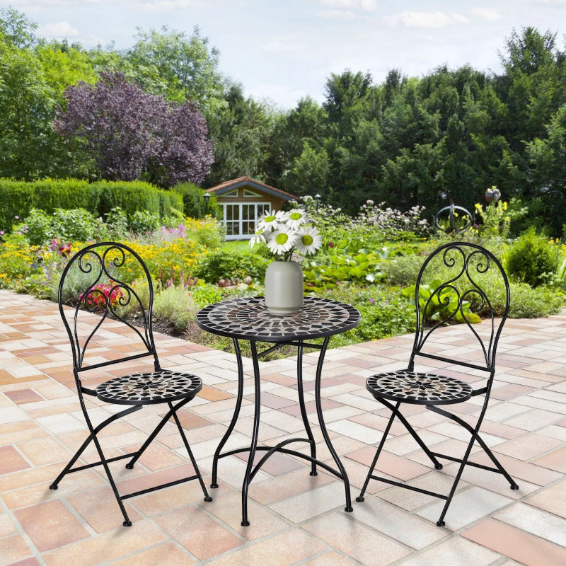 3-Piece - Metal Frame Garden Bistro Set with Mosaic Seat and Table Tile Top - Coffee Table and 2 Folding Chairs