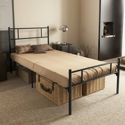 Single Metal Bed Frame with Metal Slat Headboard / Footboard and Underneath Storage