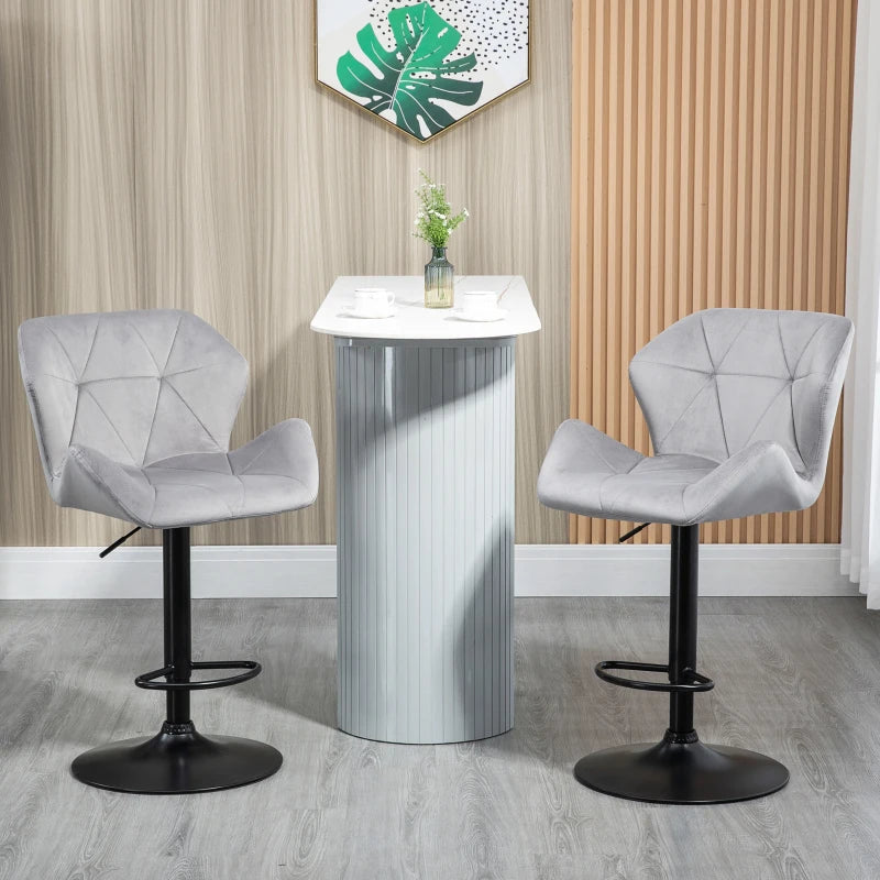 Set of 2 Geometric Style Velvet Barstools / Breakfast Bar Stools with Adjustable Height and Footrest - Grey