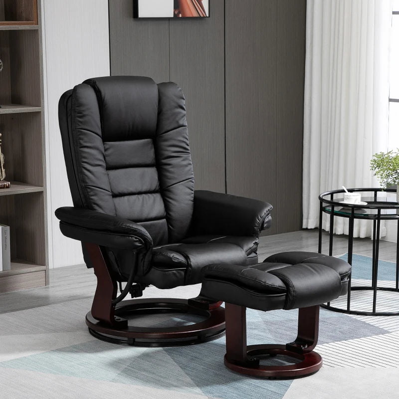 PU Leather Leisure Manual Armchair Recliner and Footrest Set with Swivel Wood Base - Black