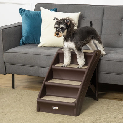 4-Step Foldable Pet Stairs with Plastic Surrounding and Anti Slip Carpeting - Brown