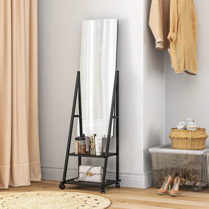 Freestanding Full Length Dressing Mirror on Wheels with Adjustable Angle & Storage Shelves