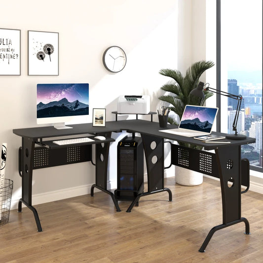 L-Shaped Corner Work Desk / Gaming / Office w/ Steel Frame CPU Rack Keyboard Tray Space-Saving Melamine Coating Computer Home Workstation Black