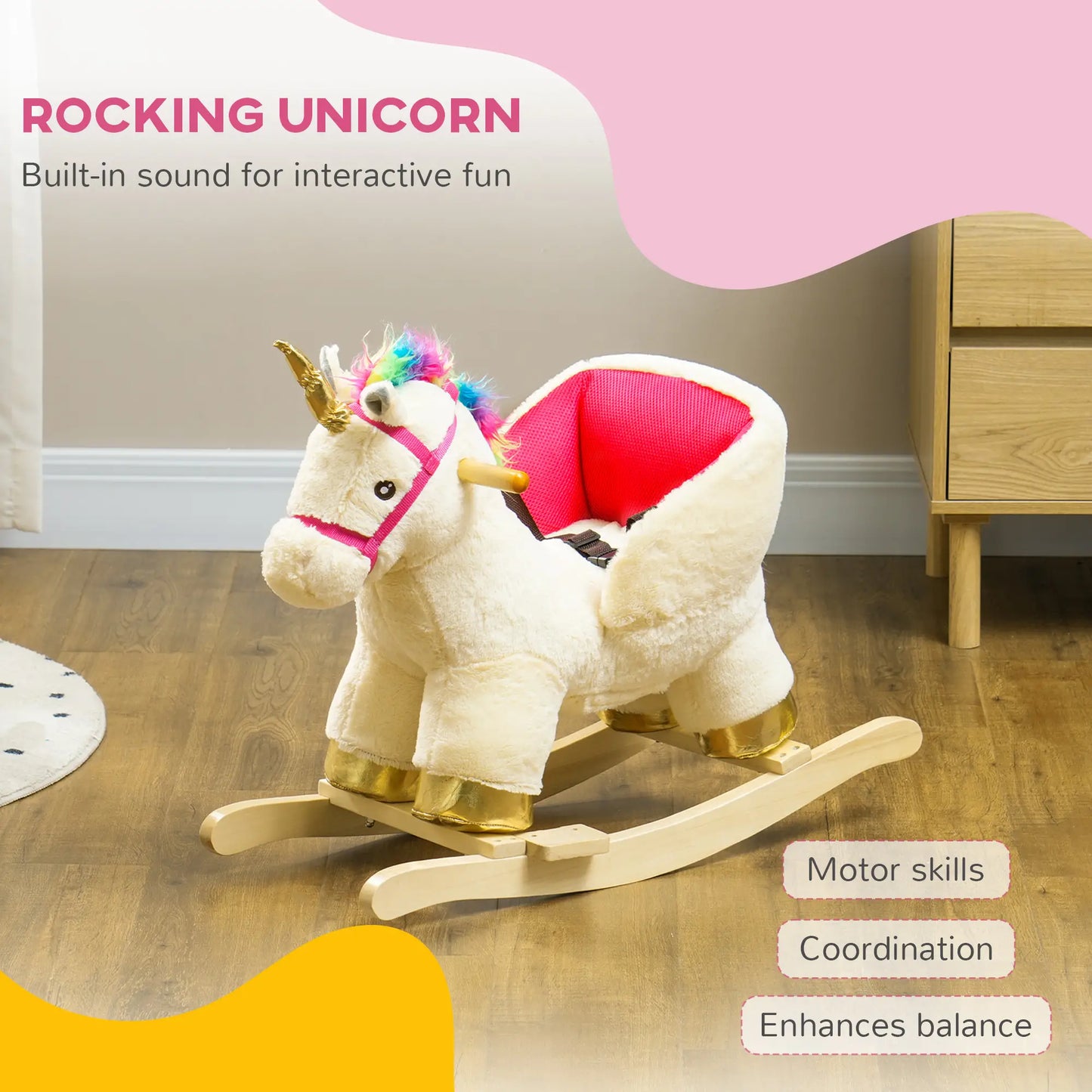 Unicorn Ride on Rocking Horse Toy with Realistic Sound Effect and Bucket Seat with Safety Belt