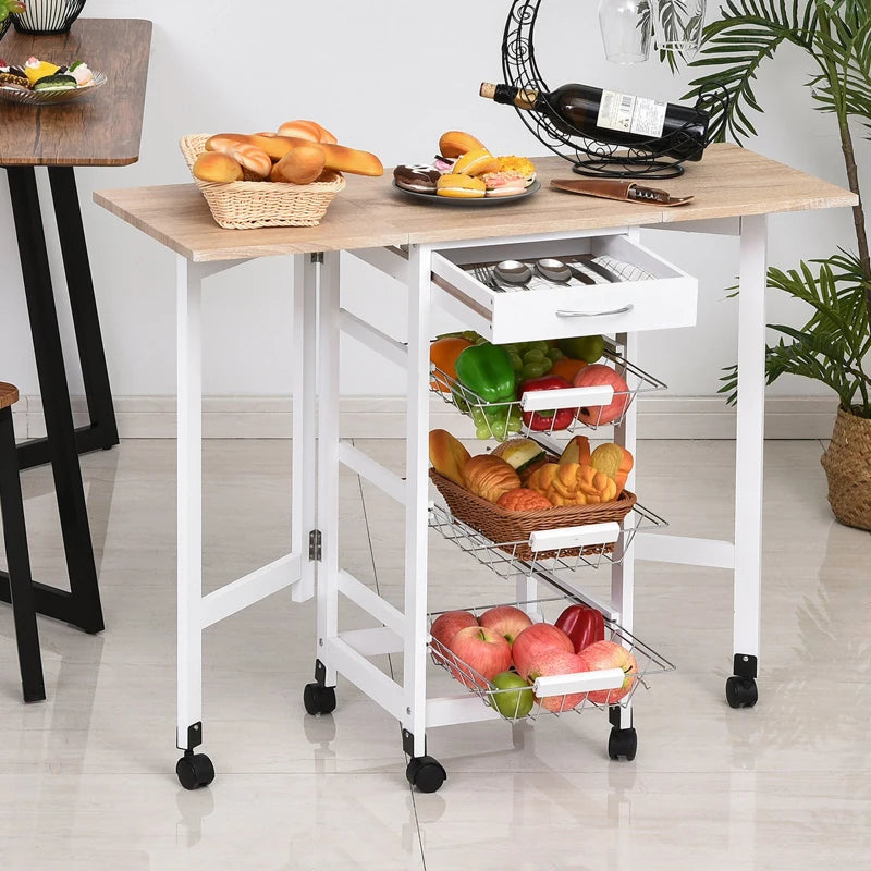 Drop Leaf Kitchen Cart Trolley with 3 Wire Basket Drawers and Extendable Countertop