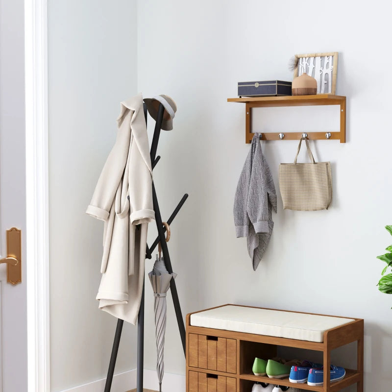 Small Space Saving - 4 Hook Wall Mounted Coat Rack with Top Display Shelving