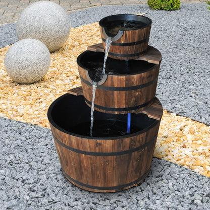 3-Tier - 3 Wooden Barrel Cascading Water Fountain Garden Feature with Pump