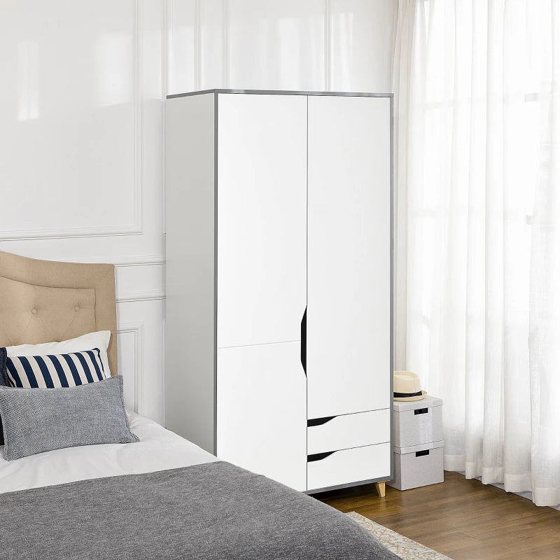 Modern Wardrobe with Handle Cut Outs, Hanging Rail, Underneath Storage Section and 2-Pull Out Drawers - White