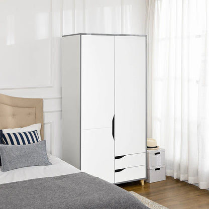 Modern Wardrobe with Handle Cut Outs, Hanging Rail, Underneath Storage Section and 2-Pull Out Drawers - White