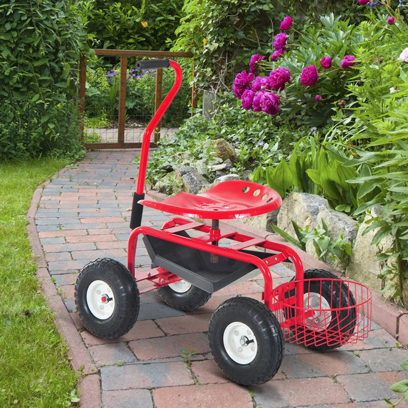 Heavy Duty - Rolling Garden Planting Cart / Station with Tool Tray & Basket