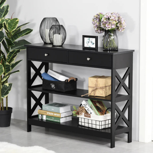 Side Console Table with Open Style Shelving and 2-Drawers - Black