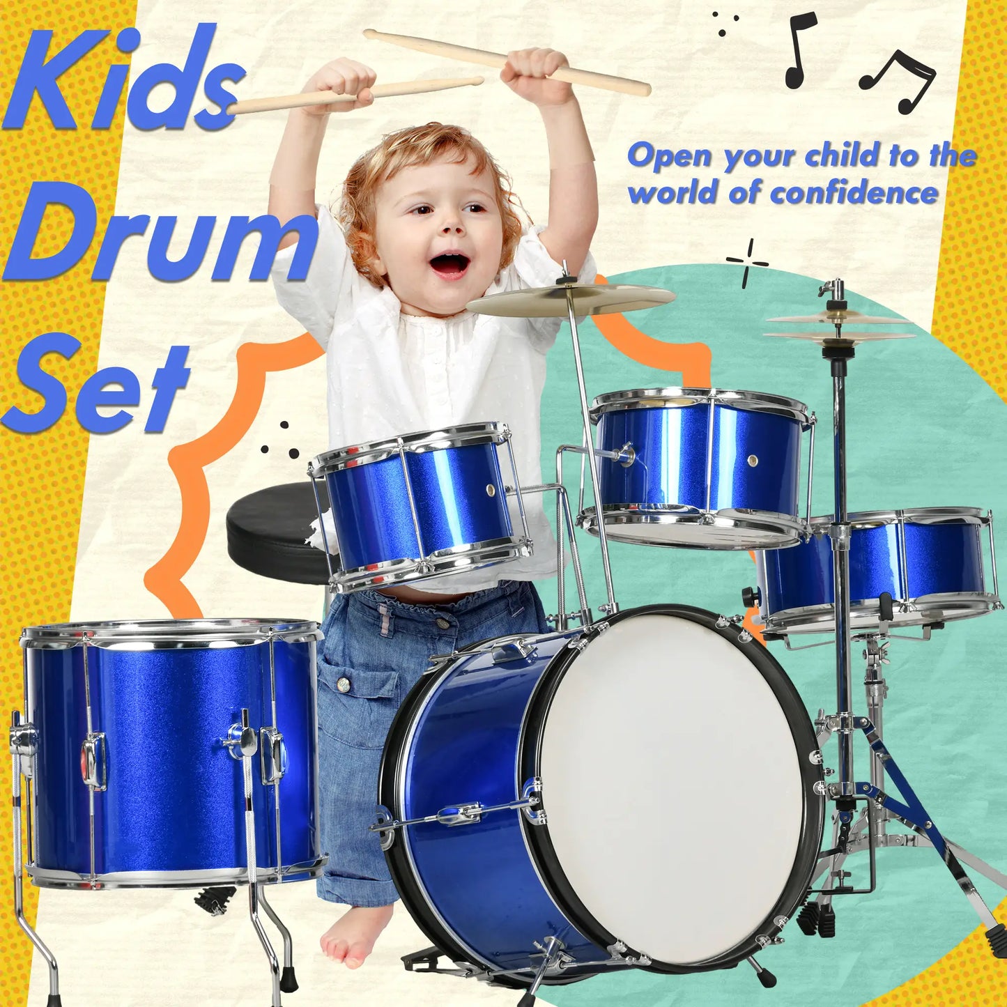 11 Piece Kids Drum Kit / Set with Stool and Drumsticks Included