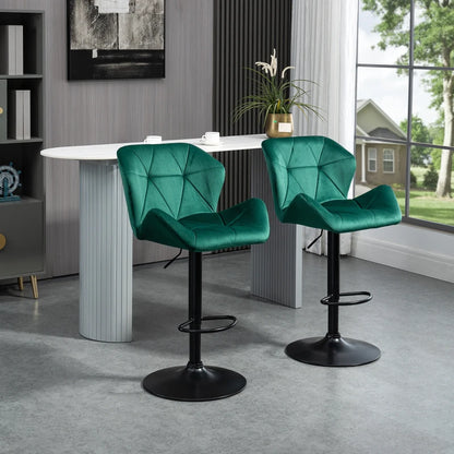 Set of 2 Geometric Style Velvet Barstools / Breakfast Bar Stools with Adjustable Height and Footrest - Emerald