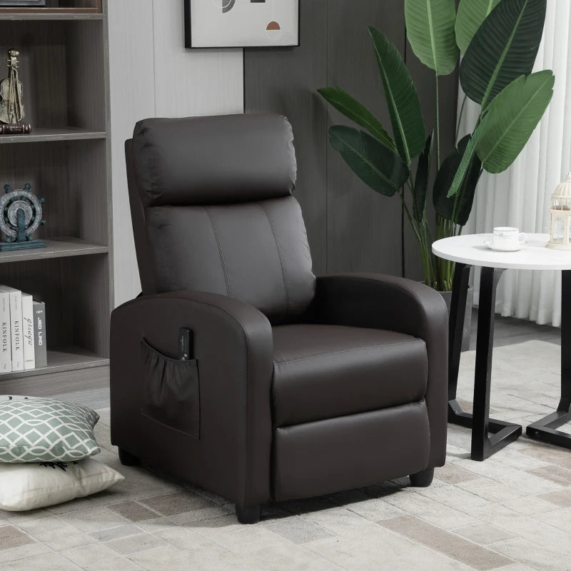 Reclining Massage Function Faux Leather Armchair with Adjustable Leg Rest & Side Pocket - Brown