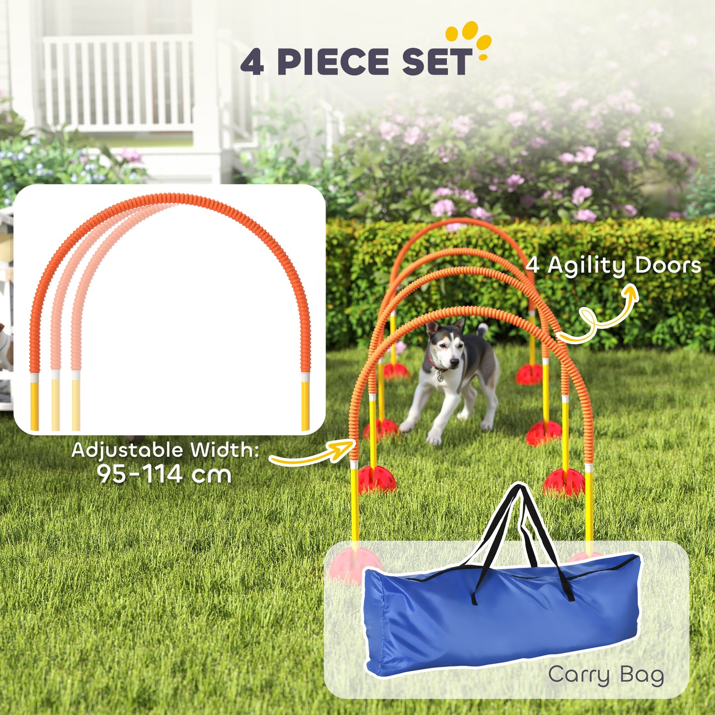 4-Piece Dog Agility Training Equipment with 4 Adjustable Width Doors, Bag, for Garden, Orange