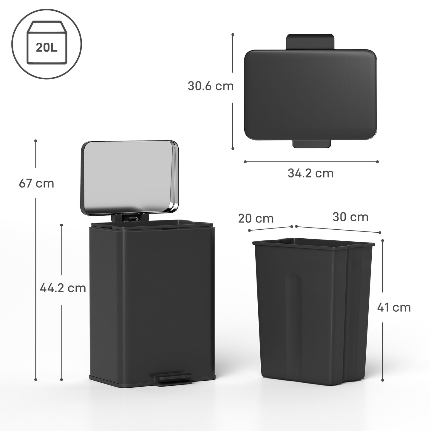 20L Kitchen Bin with Soft-Close Lid and Stay-Open Function