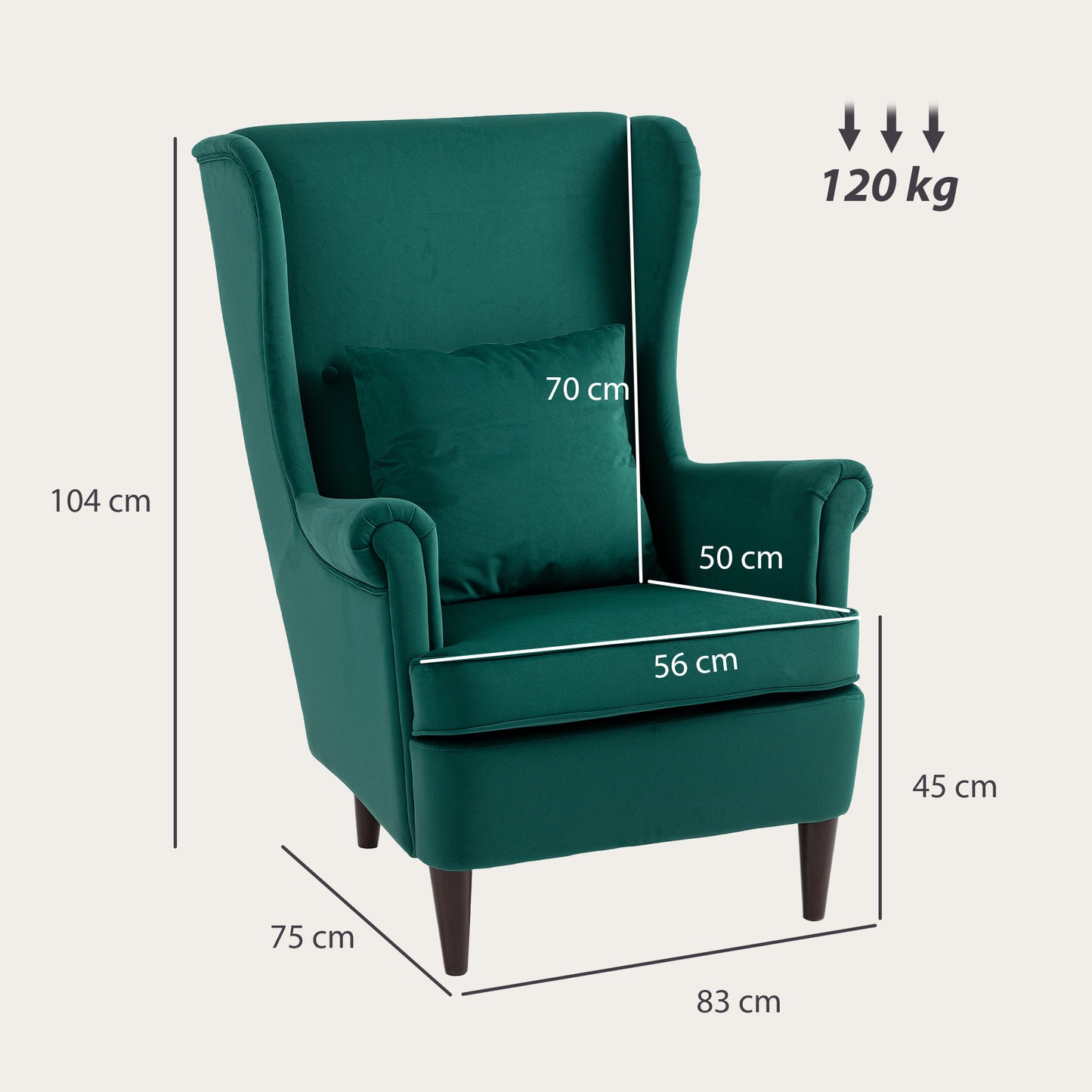 Modern Accent Chair with High Backrest and Pillow, Velvet-Feel Fabric Reading Chair with Solid Wood Legs, Green