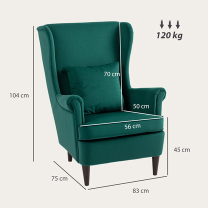 Modern Accent Chair with High Backrest and Pillow, Velvet-Feel Fabric Reading Chair with Solid Wood Legs, Green