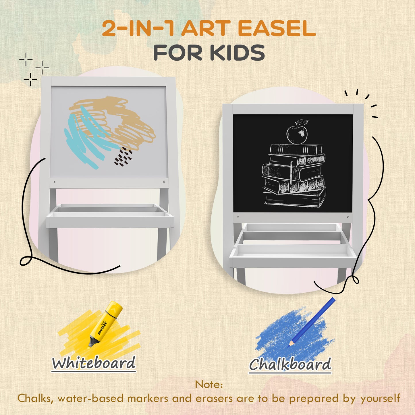 Kids Easel, Art Easel with Double Sided Whiteboard, Chalkboard, Storage, 2 in 1 Standing Easel for Toddlers 18-48 Months