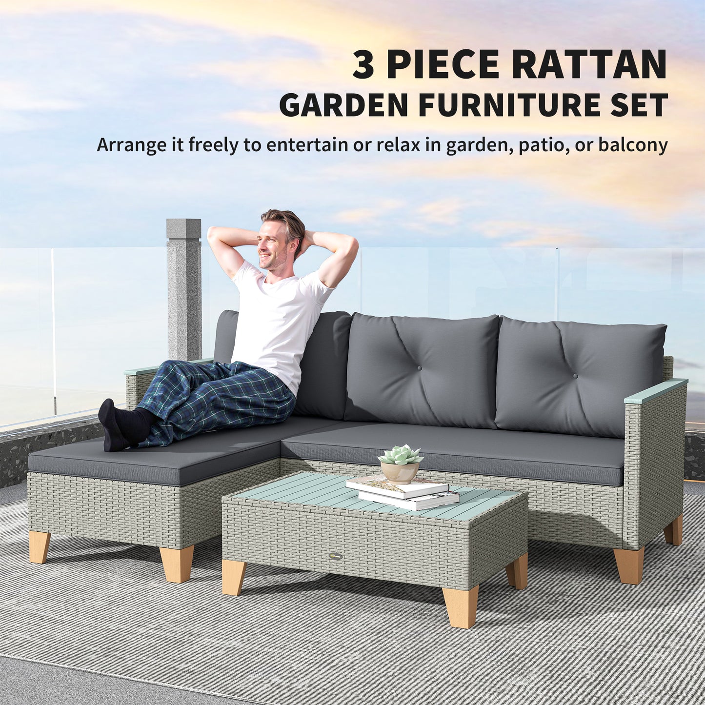 3 Pieces Rattan Garden Furniture Set, L Shaped Garden Conversation Chaise Lounge Furniture