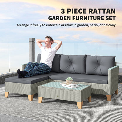 3 Pieces Rattan Garden Furniture Set, L Shaped Garden Conversation Chaise Lounge Furniture