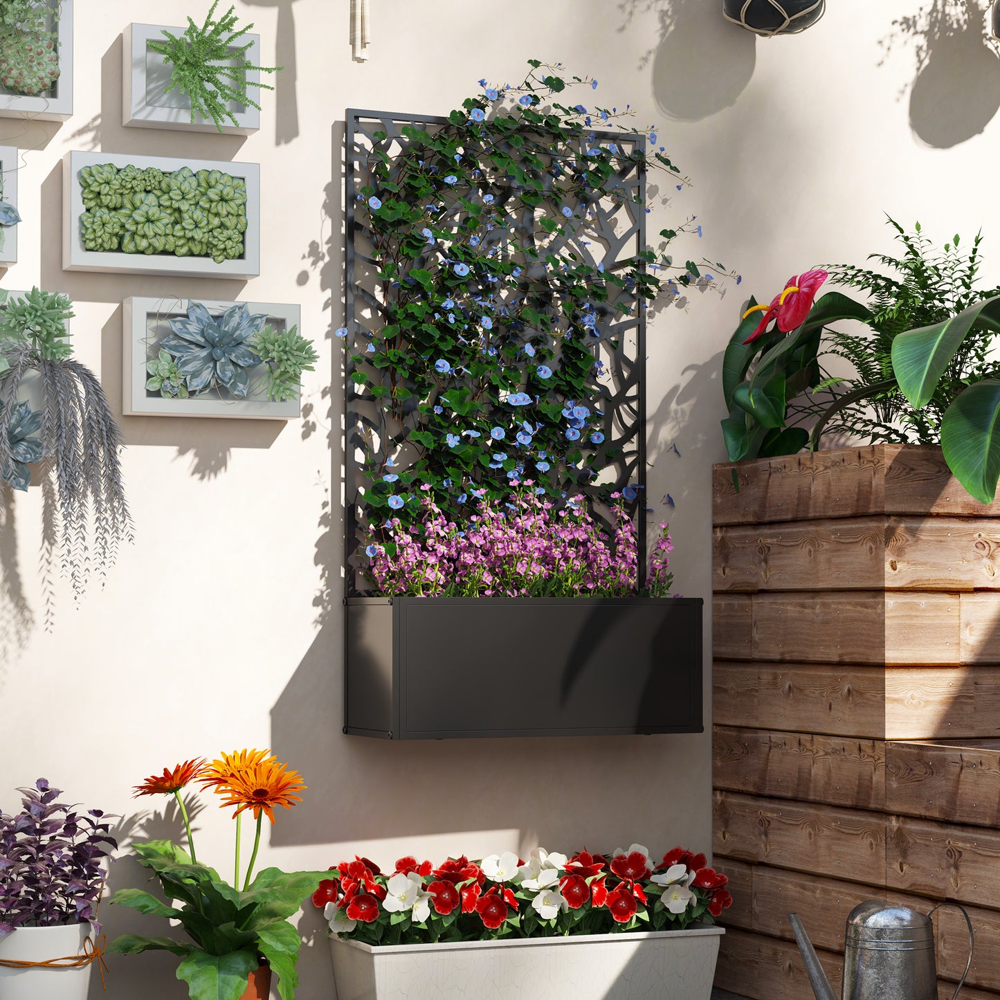 Outdoor Metal Planter, with Back Trellis - Black