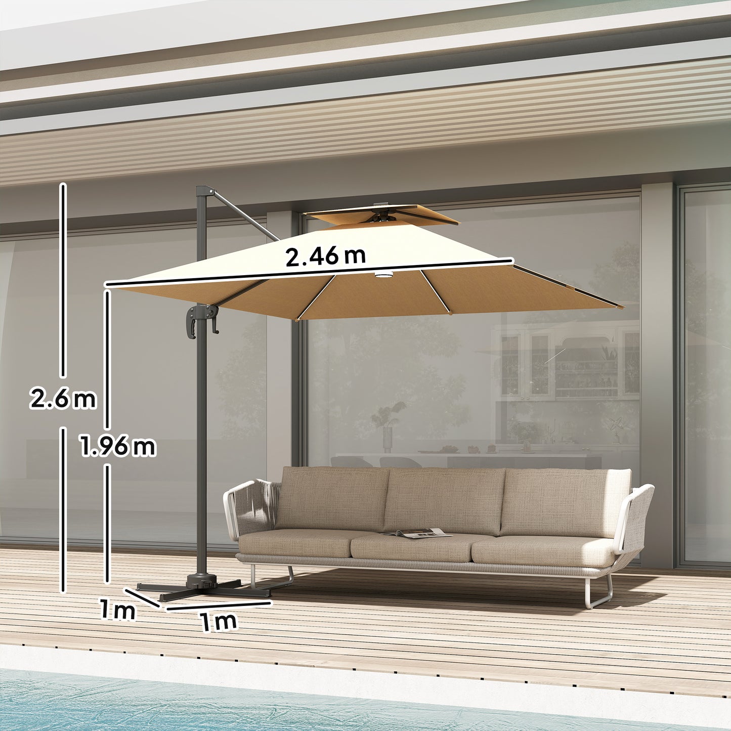 2.5m Cantilever Parasol with Solar Powered LED Lights, 360° Rotation, Tilt Adjustment, Crank Handle, Khaki