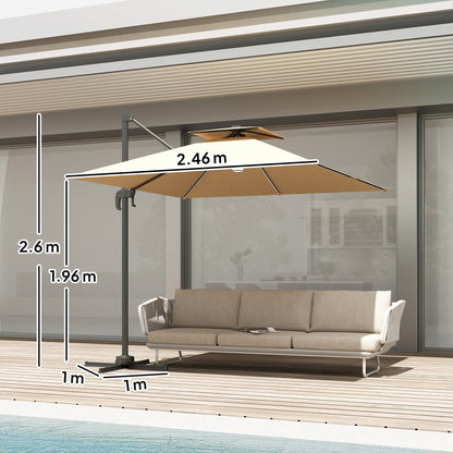 2.5m Cantilever Parasol with Solar Powered LED Lights, 360° Rotation, Tilt Adjustment, Crank Handle, Khaki