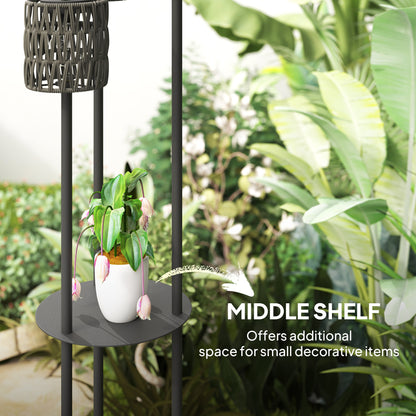 Boho Rattan Floor Lamp, 3-Lights Rattan Lamp with Shelf, Freestanding Solar Garden Light with Auto On/Off Lights, Grey