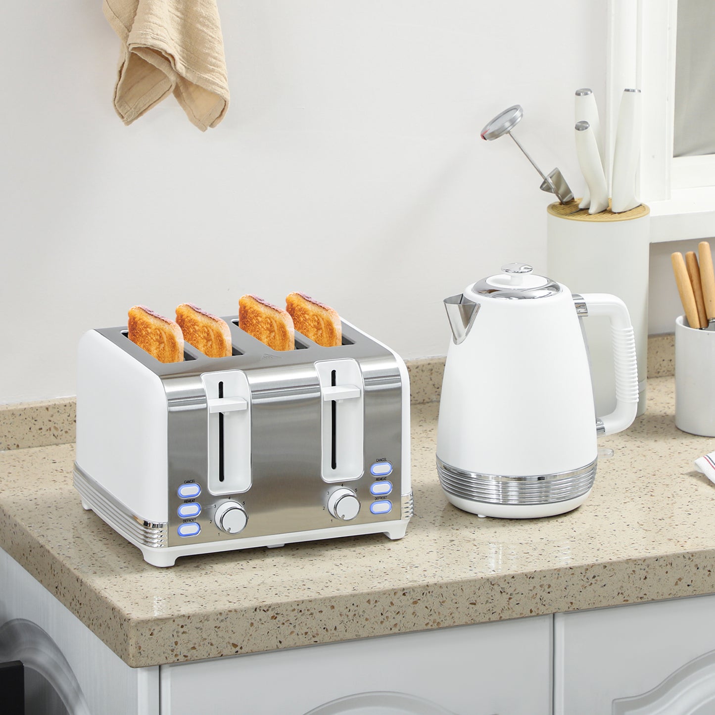 Stainless Steel Panel Kettle and Toaster Set - White
