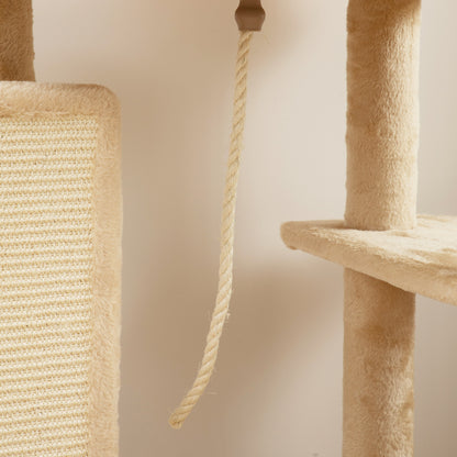 132cm Cat Tree w/ Scratching Posts, Pad, Cat Bed, Cat House, Jumping Platform, Grooming Brush, Anti-Tip Kit, Beige