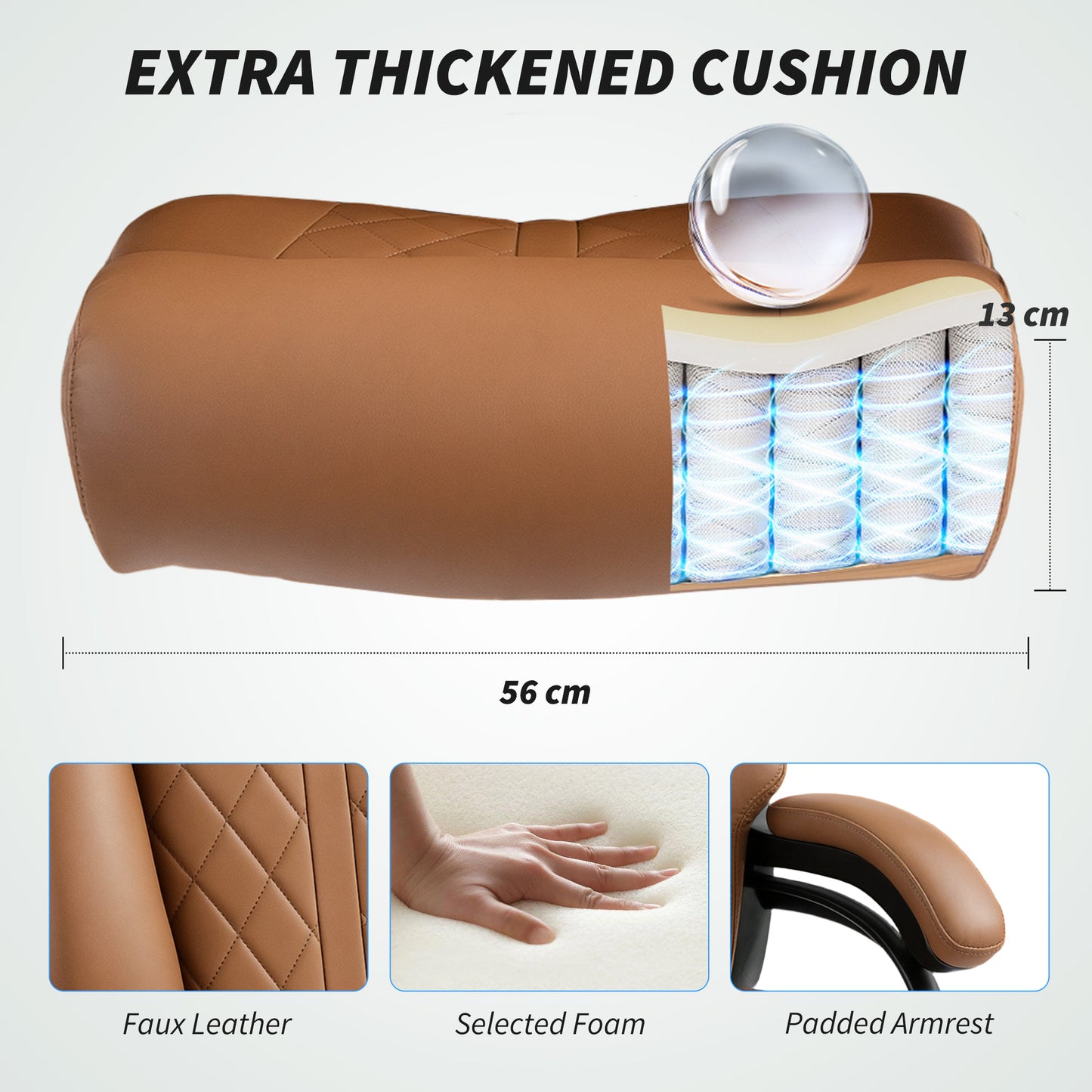 Spring Padded Faux Leather Office Chair with Super Padded, Reclining Office Chair - Light Brown