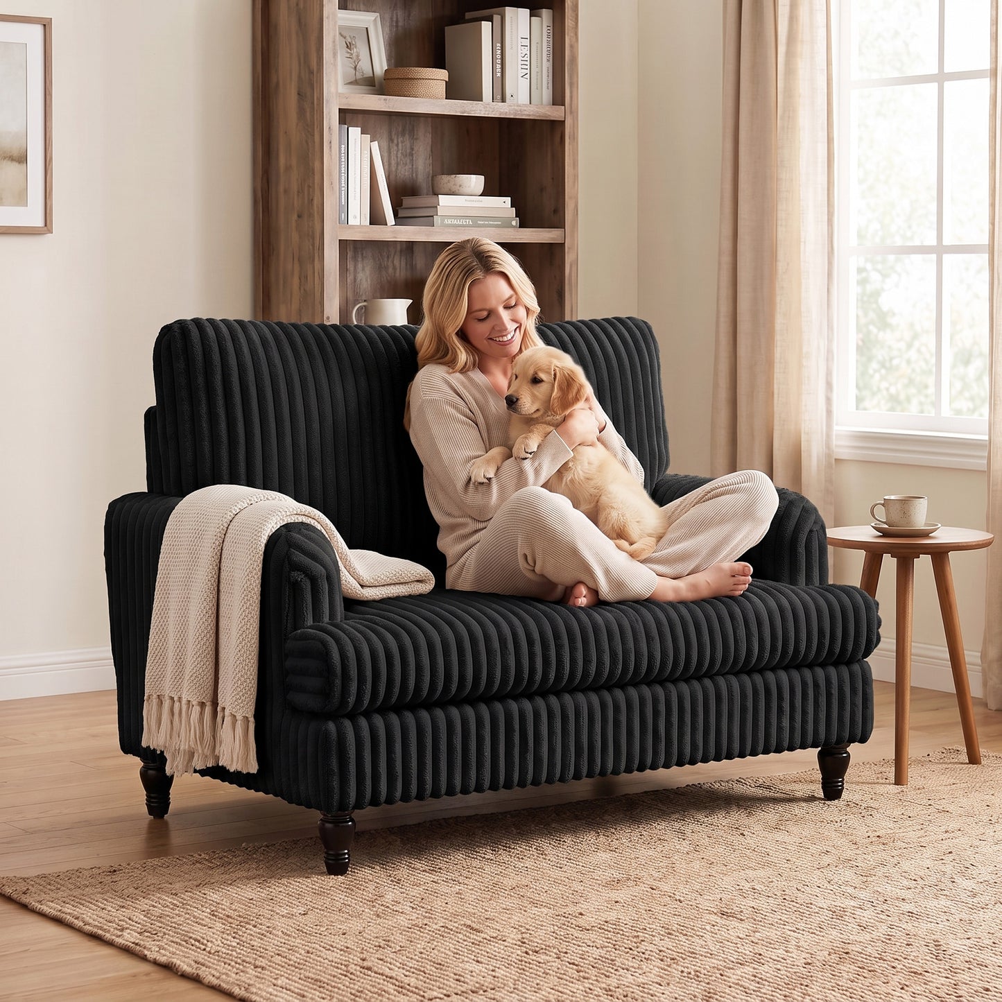 Corduroy Single Sofa Armchair, Modern Accent Chair with Stripes, Turned Legs and Wide Seat, Black