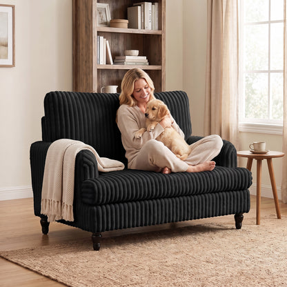Corduroy Single Sofa Armchair, Modern Accent Chair with Stripes, Turned Legs and Wide Seat, Black