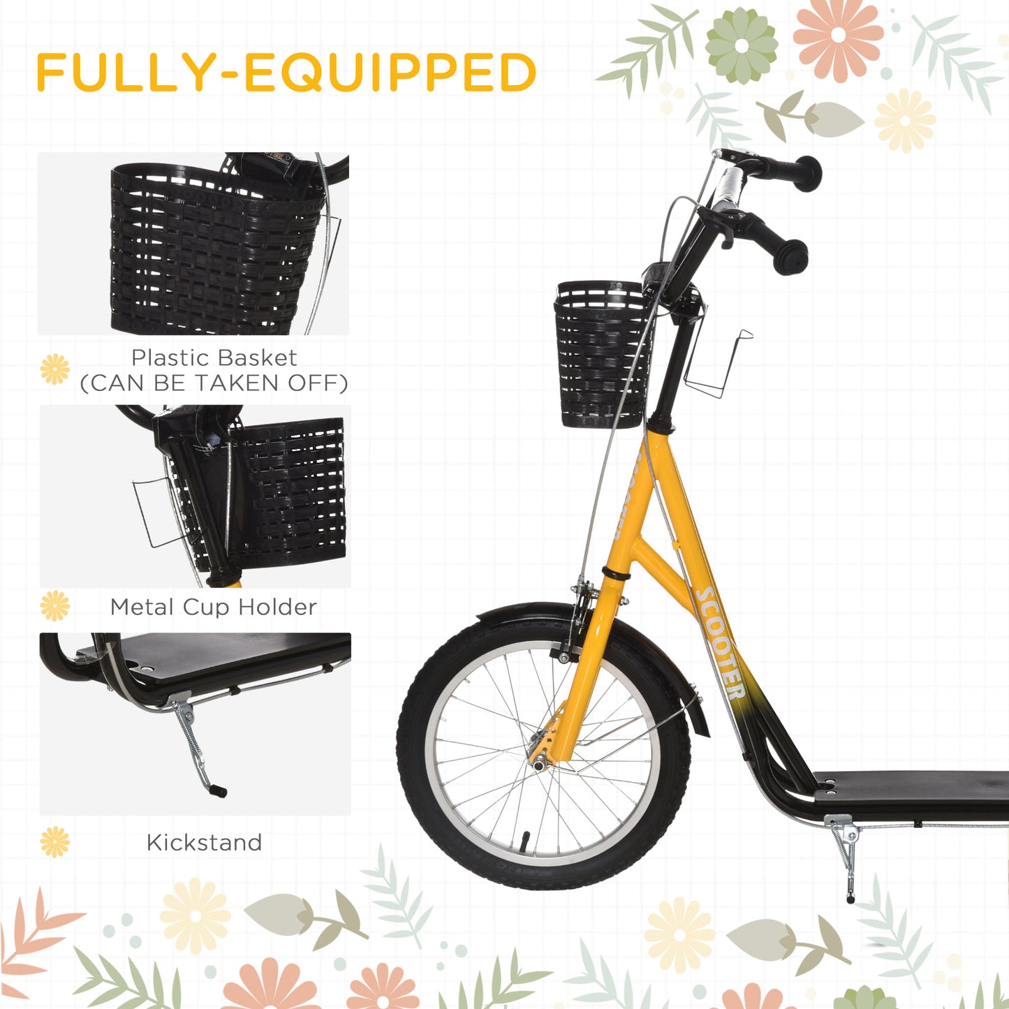 Kids Scooter, Kick Stunt Scooter with Adjustable Handlebar, Dual Brakes, Basket, Cupholder, Mudguard